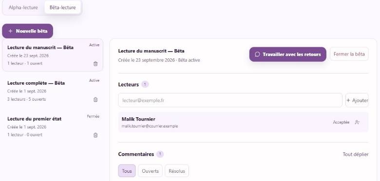 Campagne Bêta côté auteur avec invitation des lecteurs et suivi des retours.