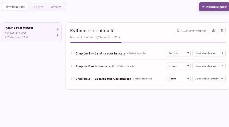 Travail éditorial avec passes de correction et progression chapitre par chapitre.