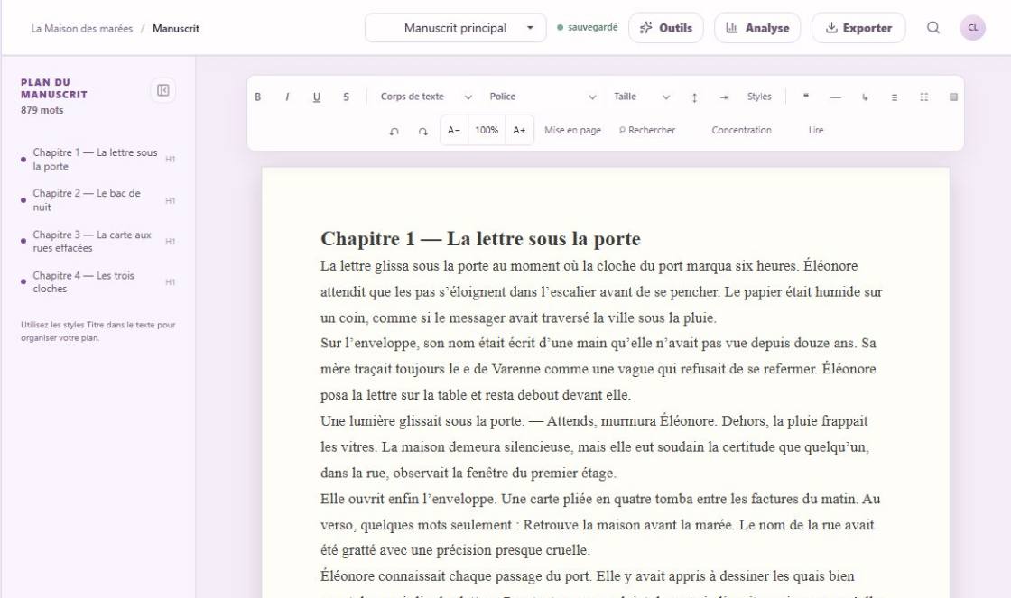 Manuscrit avec plan des titres, barre de mise en forme et commandes Outils, Analyse et Exporter.