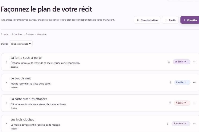 Structure narrative avec chapitres et scènes, dans la navigation du projet.