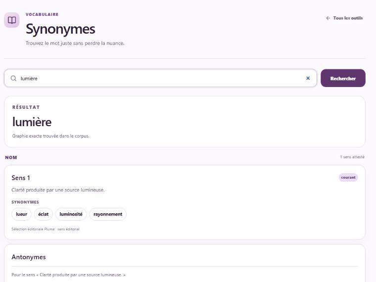 Recherche de synonymes et nuances d’un mot.